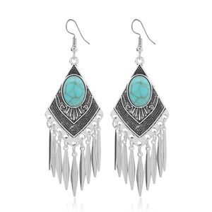 Boho Southwestern Faux Turquoise Silver Tone Fringe Feather Dangle Earrings